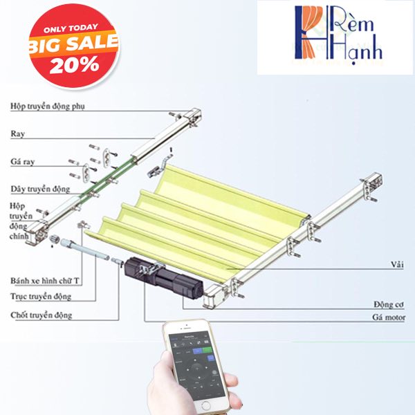 Rèm trần tự động hệ xếp ly 2 thanh ray 1 động cơ