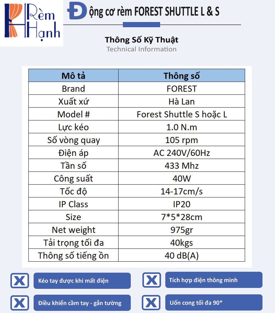 Động cơ rèm vải tự động cao cấp nhập khẩu Hà Lan mã Forest Shuttle L