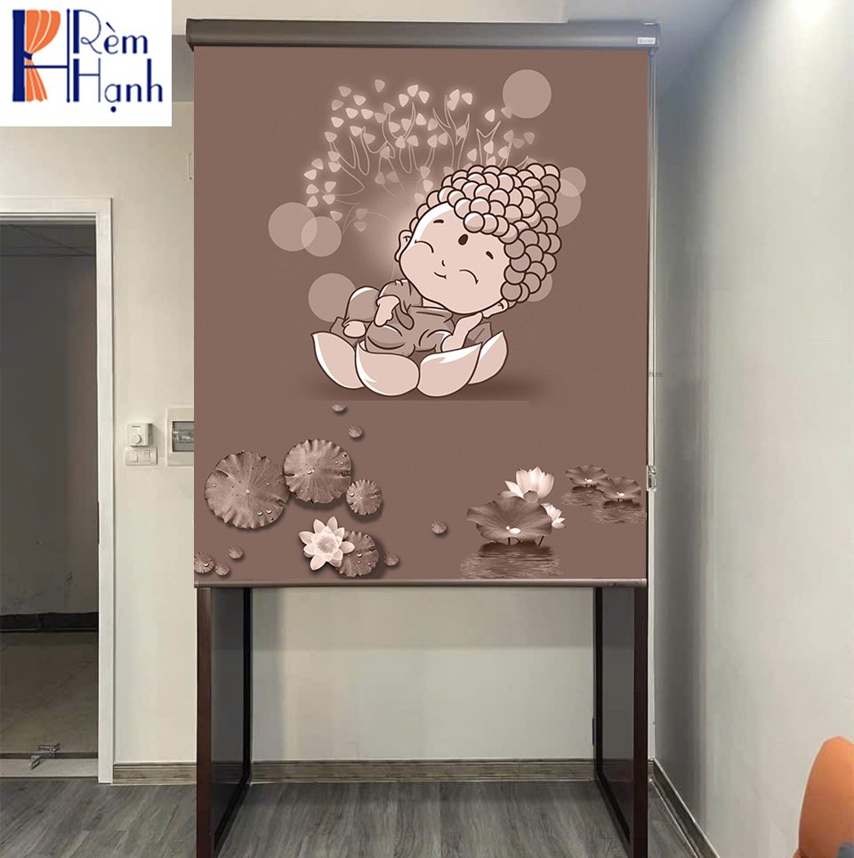 Rèm bàn thờ chung cư đẹp in biểu tượng phật RCBT-68