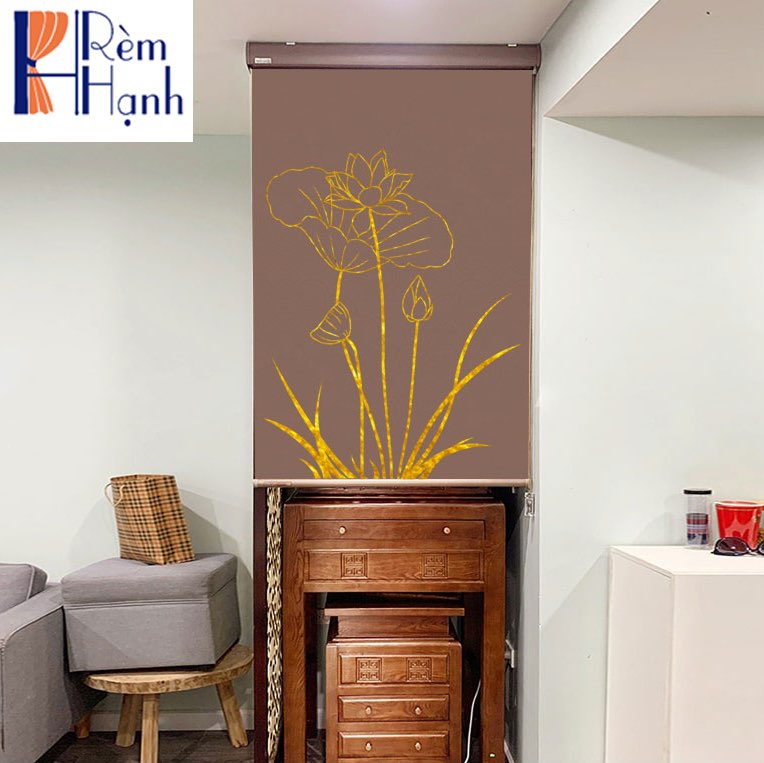 Rèm che ban thờ in hoa sen đẹp RCBT-63