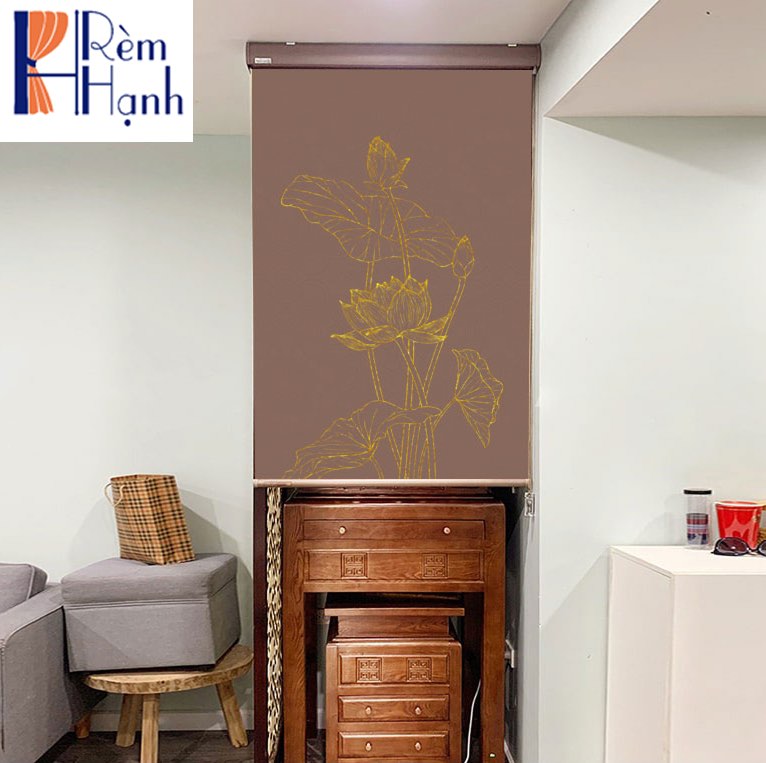 Rèm che ban thờ in hoa sen đẹp RCBT-61