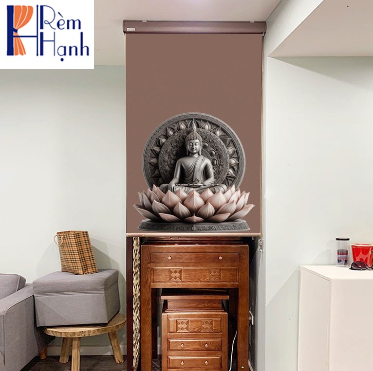 Rèm che ban thờ in hoa sen đẹp RCBT-57