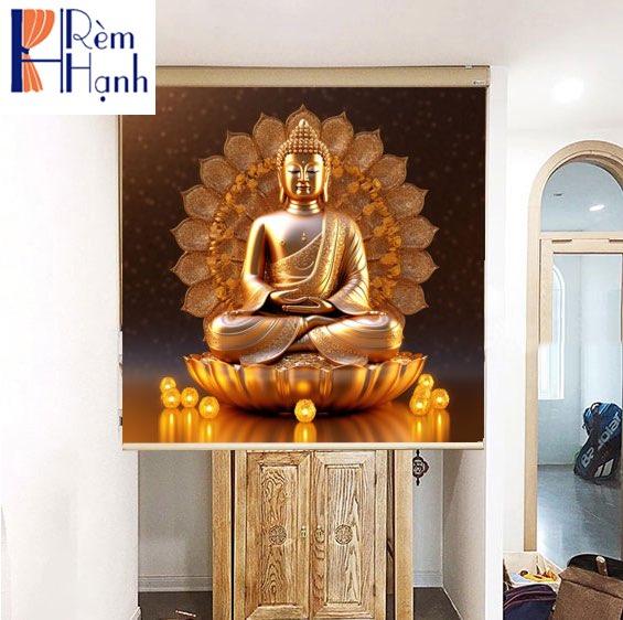 Rèm che bàn thờ đẹp in biểu tượng phật giáo RCBT-50