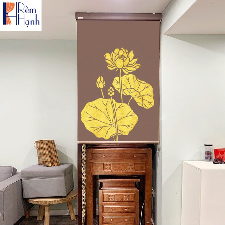 Rèm che bàn thờ chung cư in hoa sen đẹp RCBT-40
