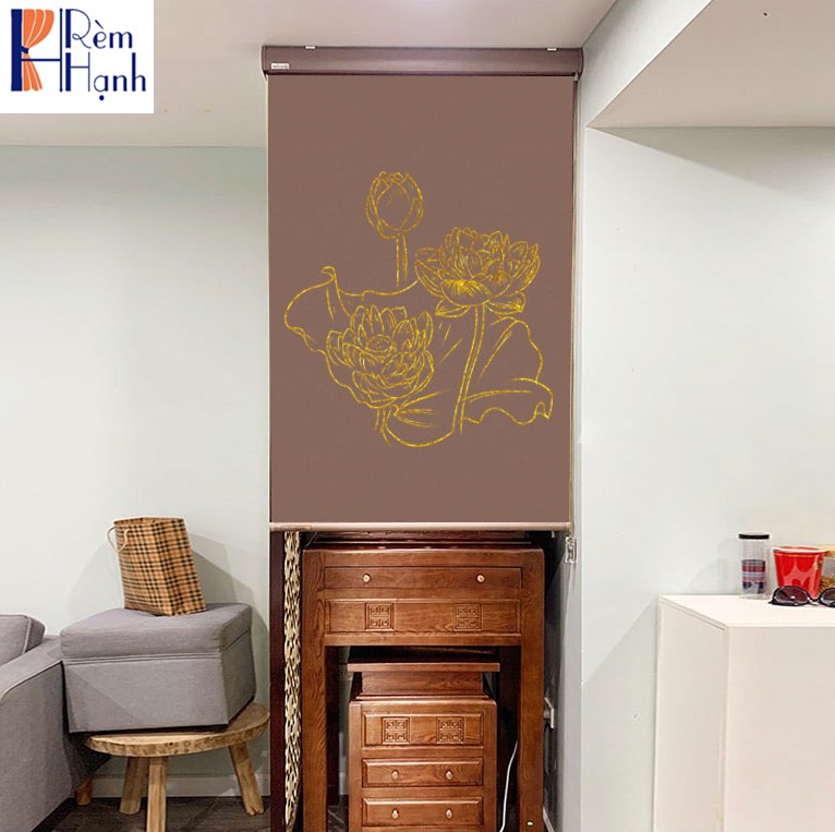 Rèm che phòng thờ đẹp in hoa sen RCBT-38