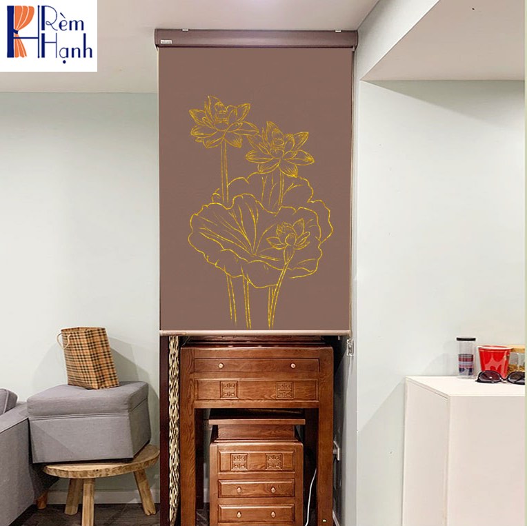 Rèm che ban thờ in hoa sen đẹp RCBT-34