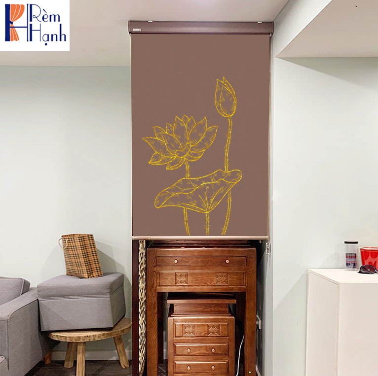 Rèm che ban thờ in hoa sen đẹp RCBT-30