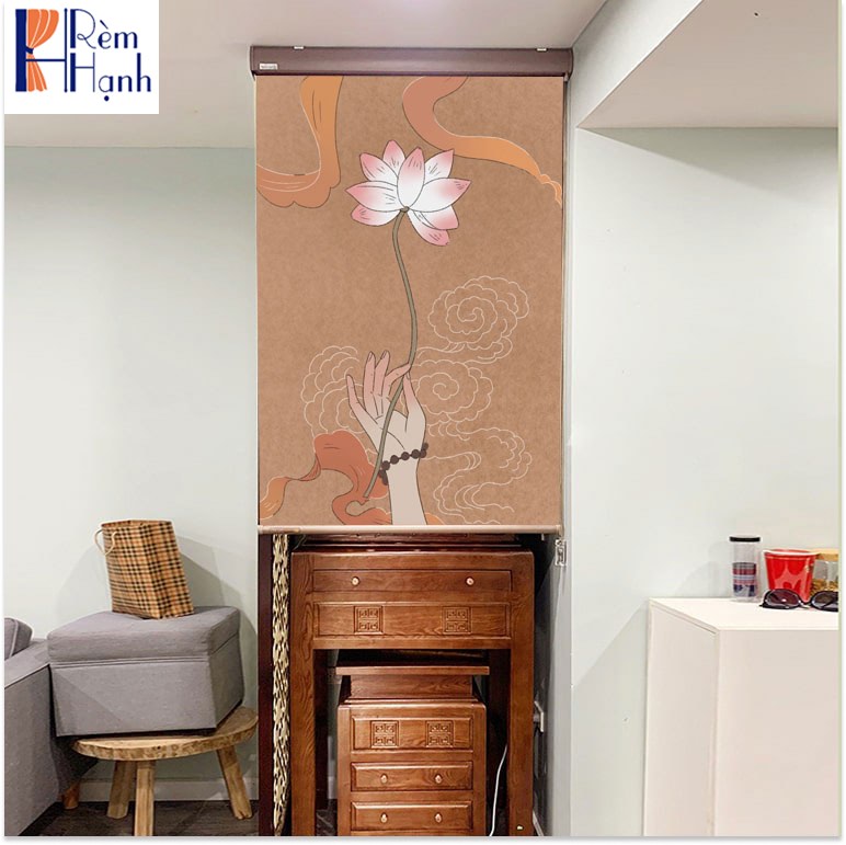 Rèm che ban thờ in hoa sen đẹp RCBT-29