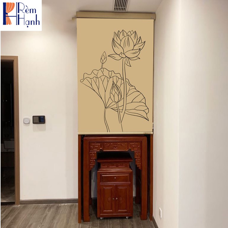 Rèm che ban thờ in hoa sen đẹp RCBT-28