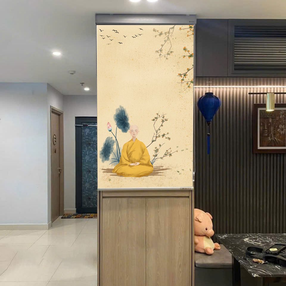 Rèm che ban thờ in hoa sen đẹp RCBT-24