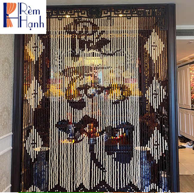 Rèm hạt gỗ che ban thờ – Mẫu chữ Phúc Tâm An gỗ Bồ Đề