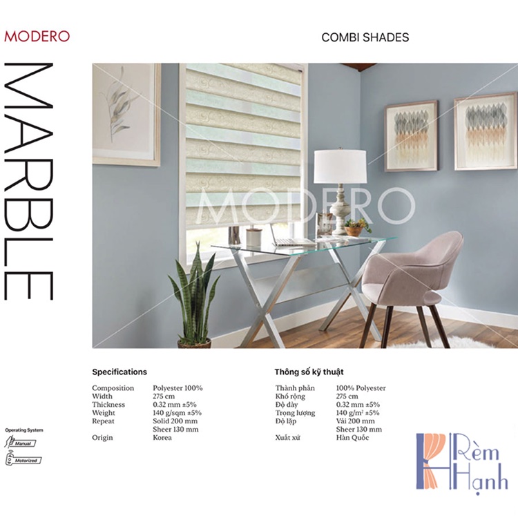 Màn cửa Hàn Quốc dạng cuốn cầu vồng đẹp hãng Modero – mã Marble