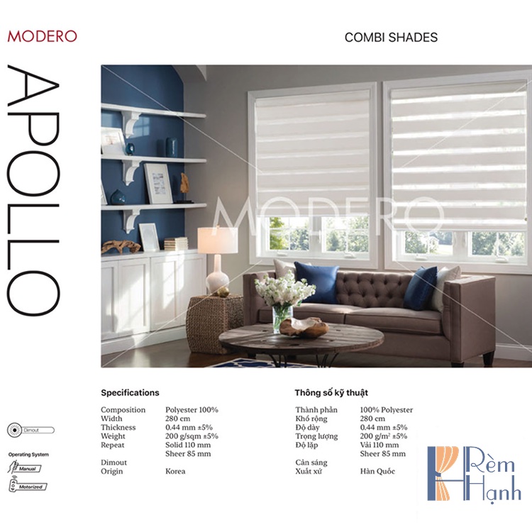 Rèm Hàn Quốc Modero Đẹp Cản Nắng Cản Nhiệt 100%- Mã Apollo