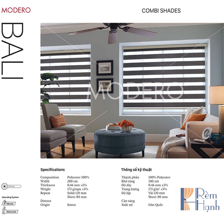 Rèm cao cấp Hàn Quốc dạng Cuốn 2 lớp hãng Modero – Mã Bali